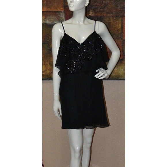 KAREN MILLEN Designer Black Party Cocktail Dress Sequin Frill Top Size 12 - Picture 2 of 9